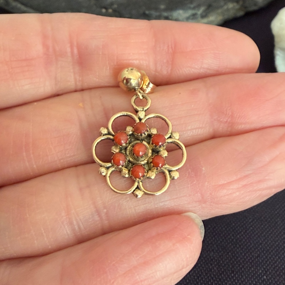 Vintage Zuni Native American Handcrafted 14K Red Coral Earrings - Picture 6 of 15